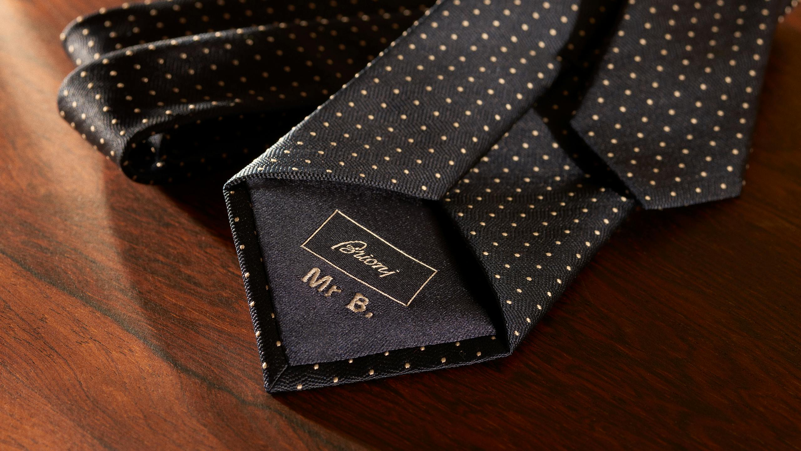 A Brioni made-to-order tie with customised monogram