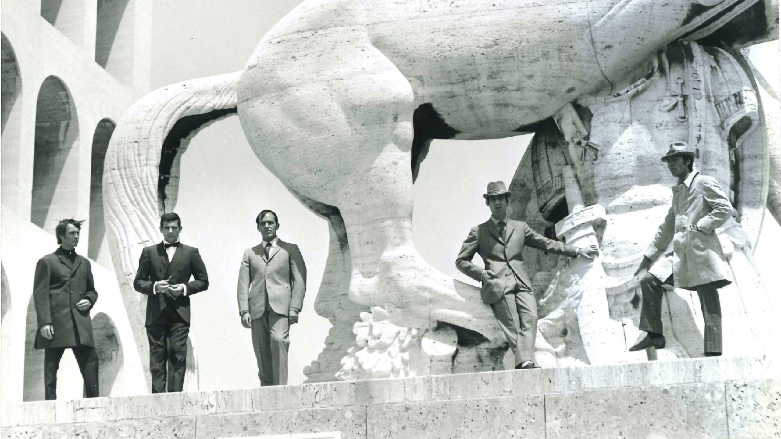 Models wearing Brioni ensembles at the Palazzo della Civiltà Italiana in Rome, 1960s