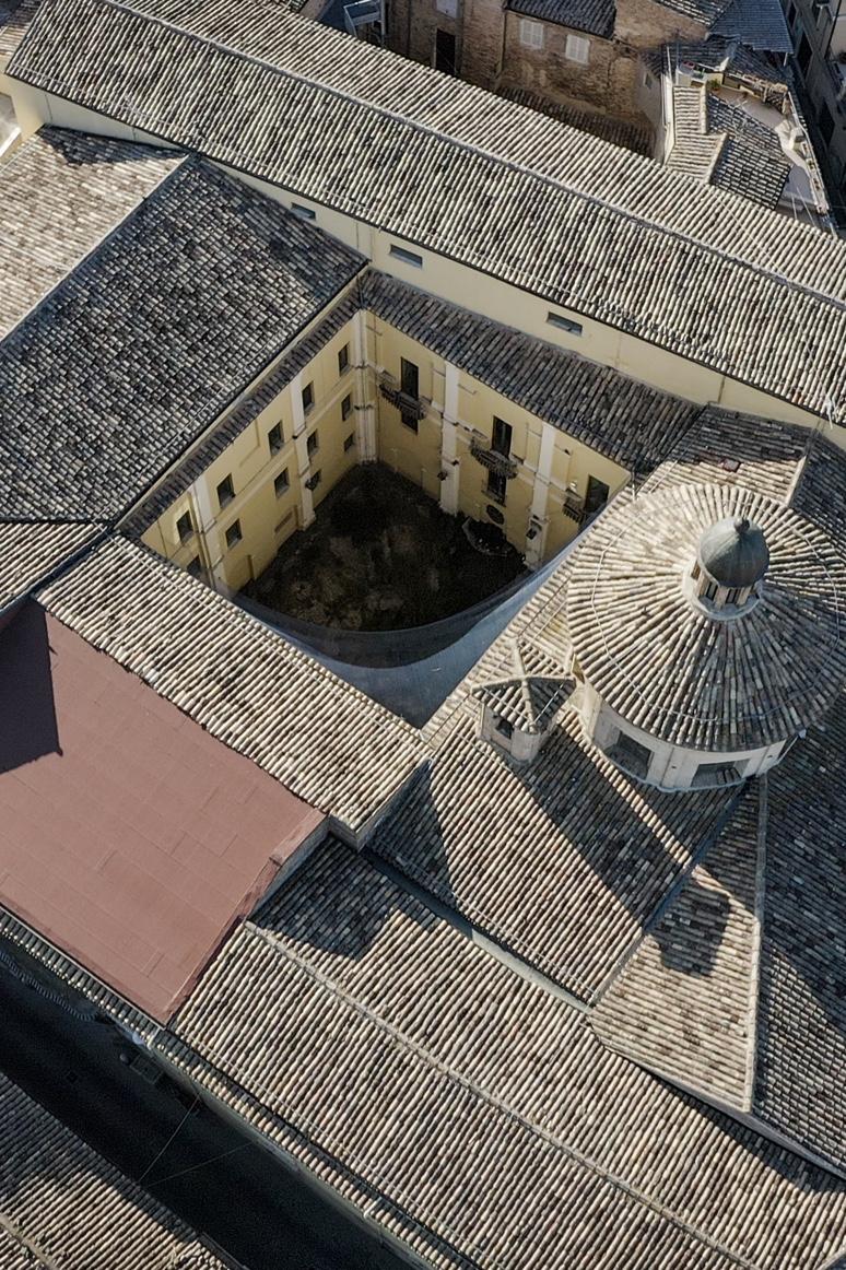 An aerial view of a typical building of Penne, Italy, hometown of the Brioni tailoring atelier