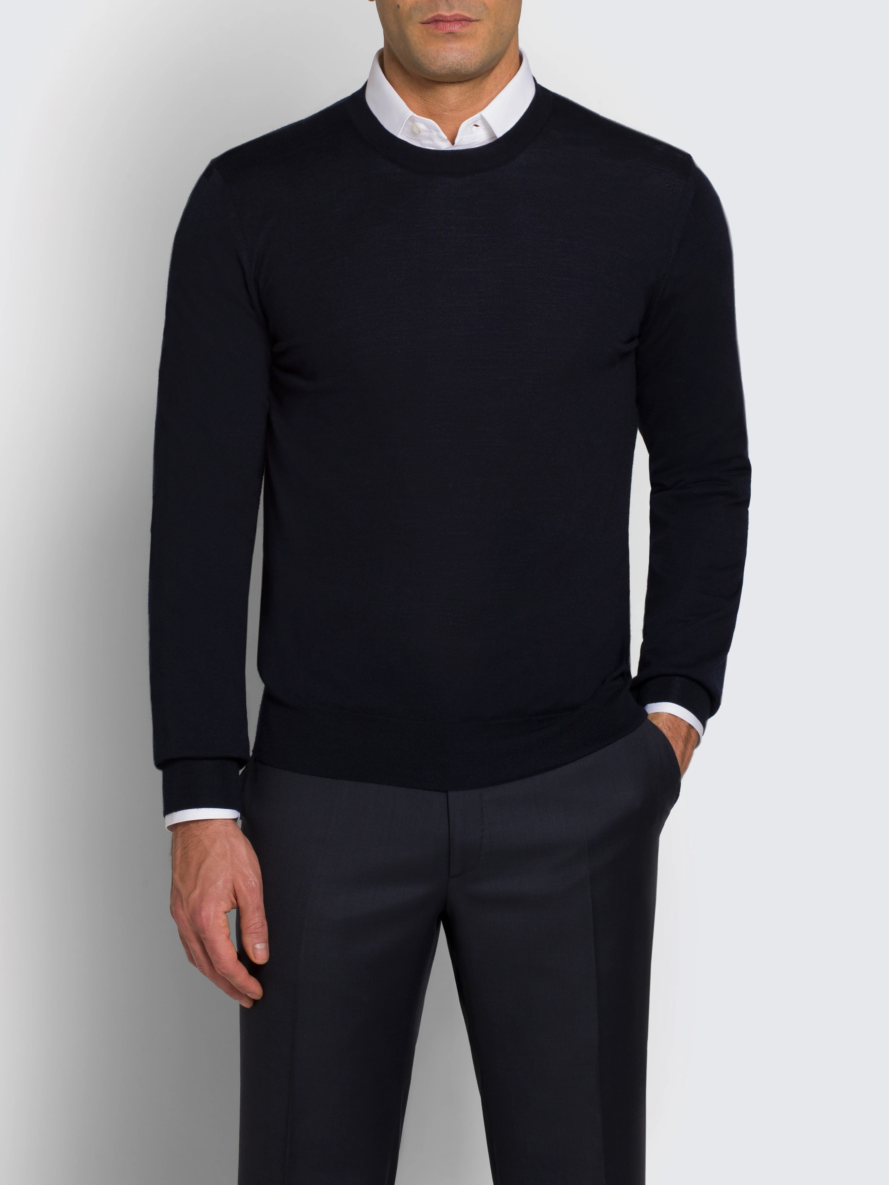 Essential navy blue wool, cashmere and silk crewneck sweater