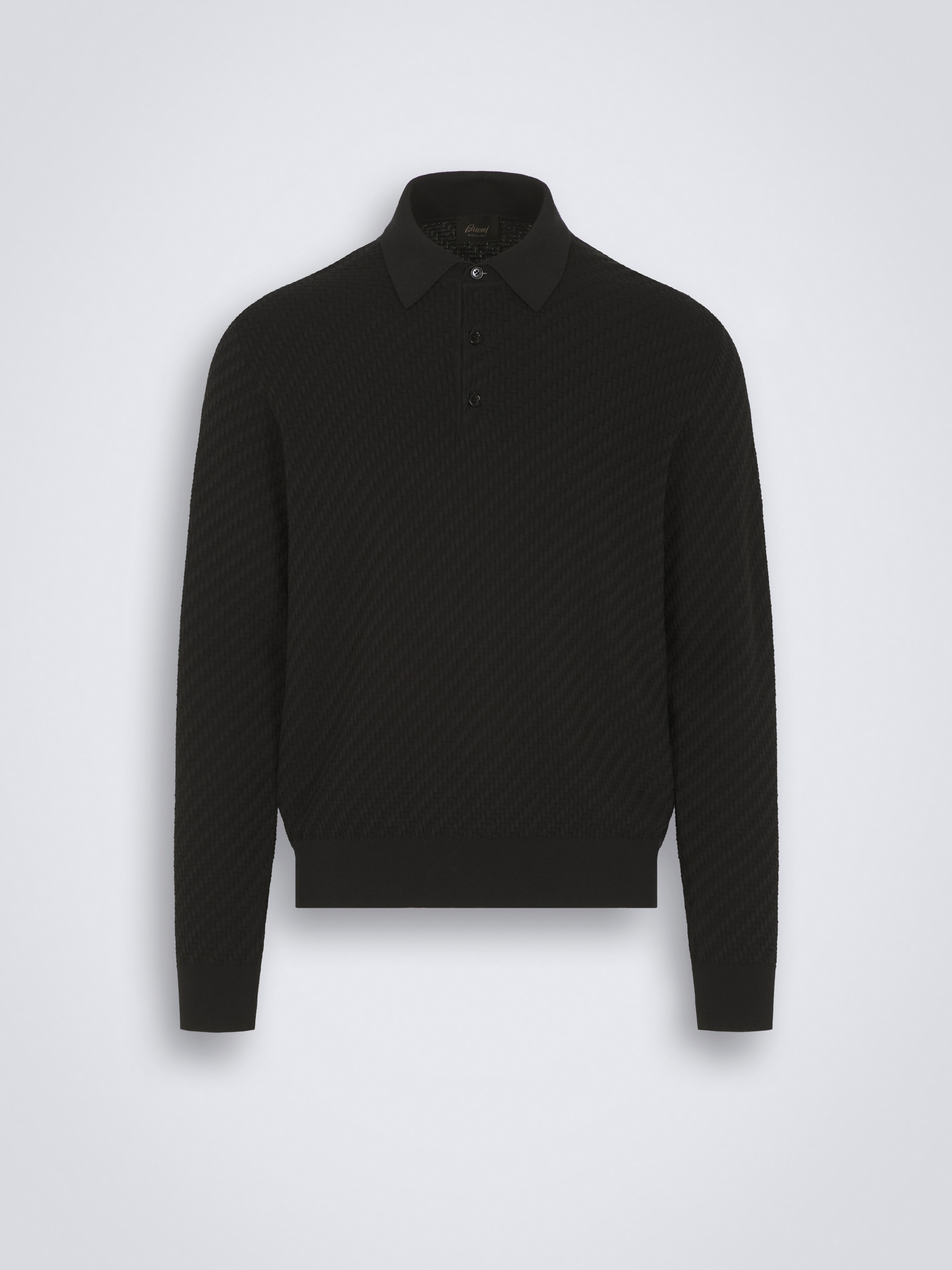 Black organic cotton, silk and cashmere Trama weave polo sweater