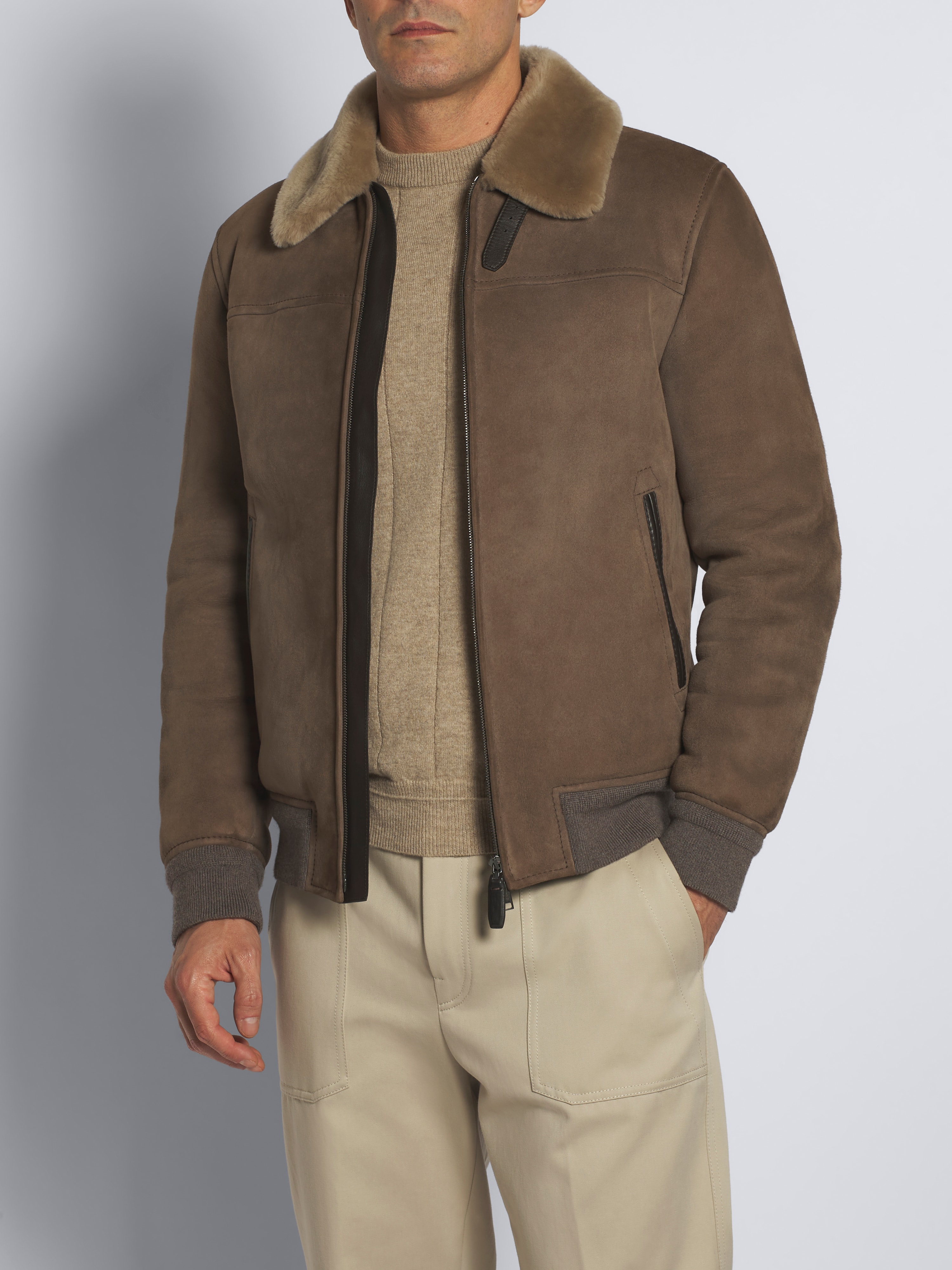 Taupe shearling shirt collar blouson