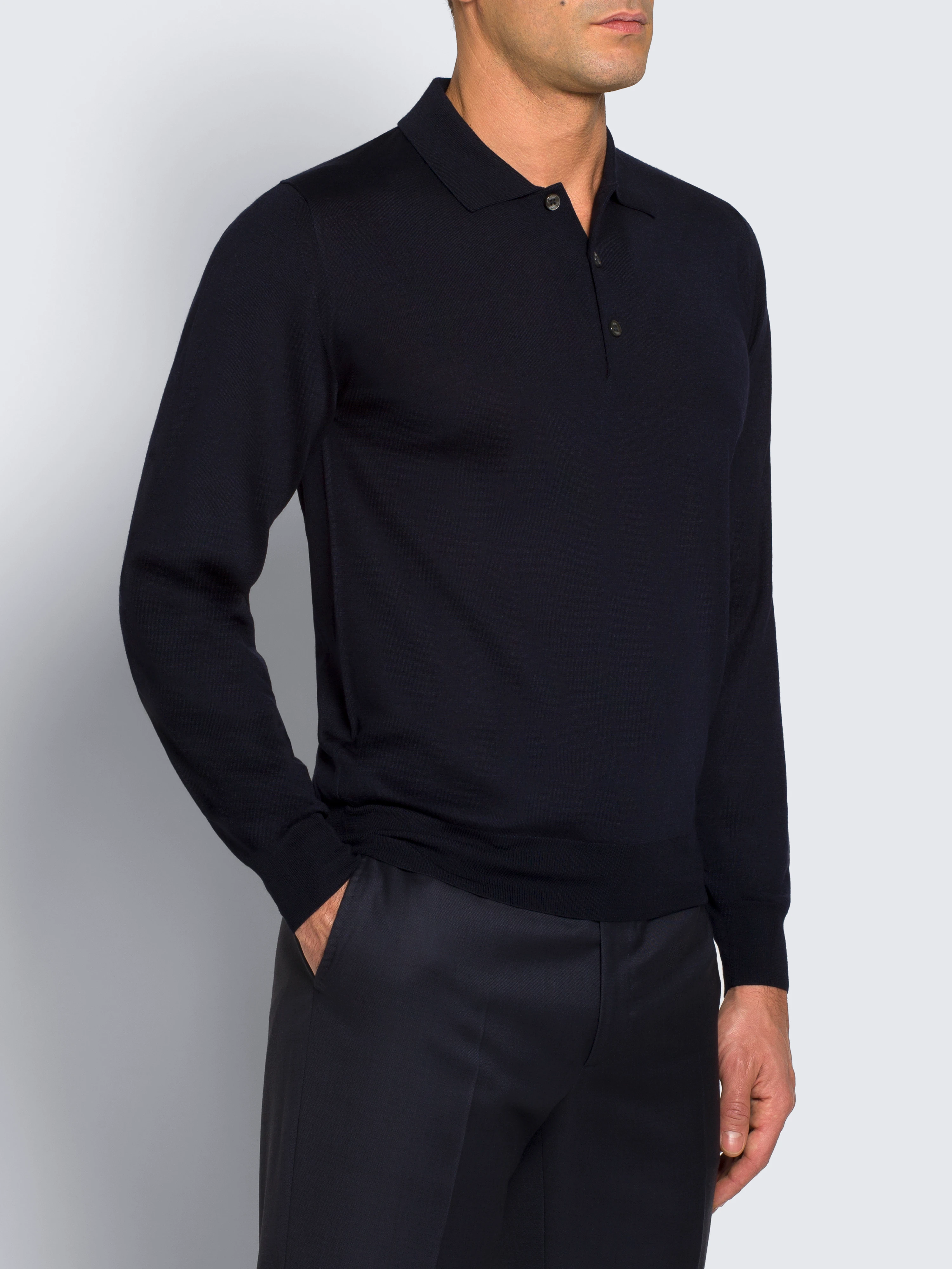 Essential midnight blue wool, cashmere and silk polo sweater