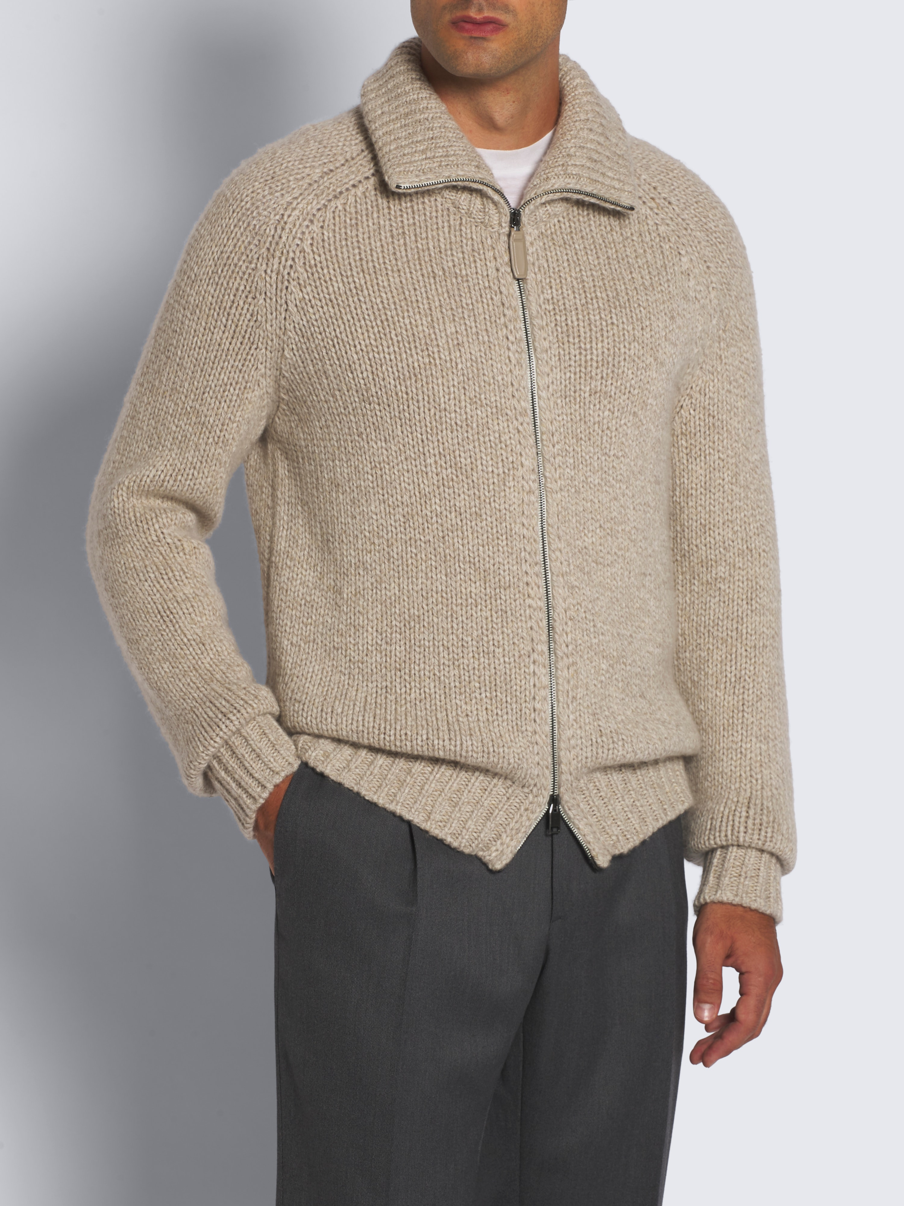 Beige cashmere mouliné full-zip sweater