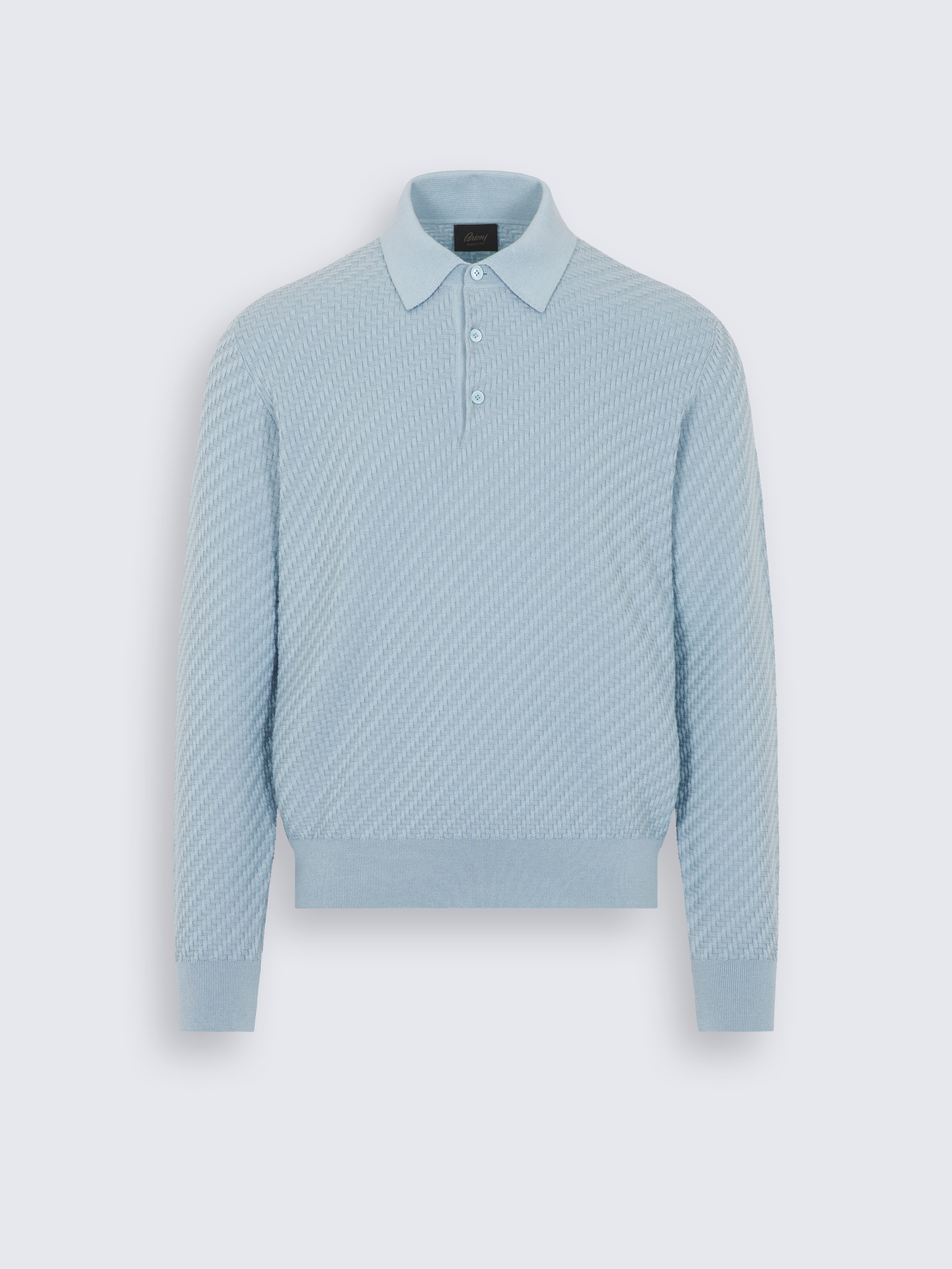 Sky blue cotton, silk and cashmere Trama weave long-sleeved polo
