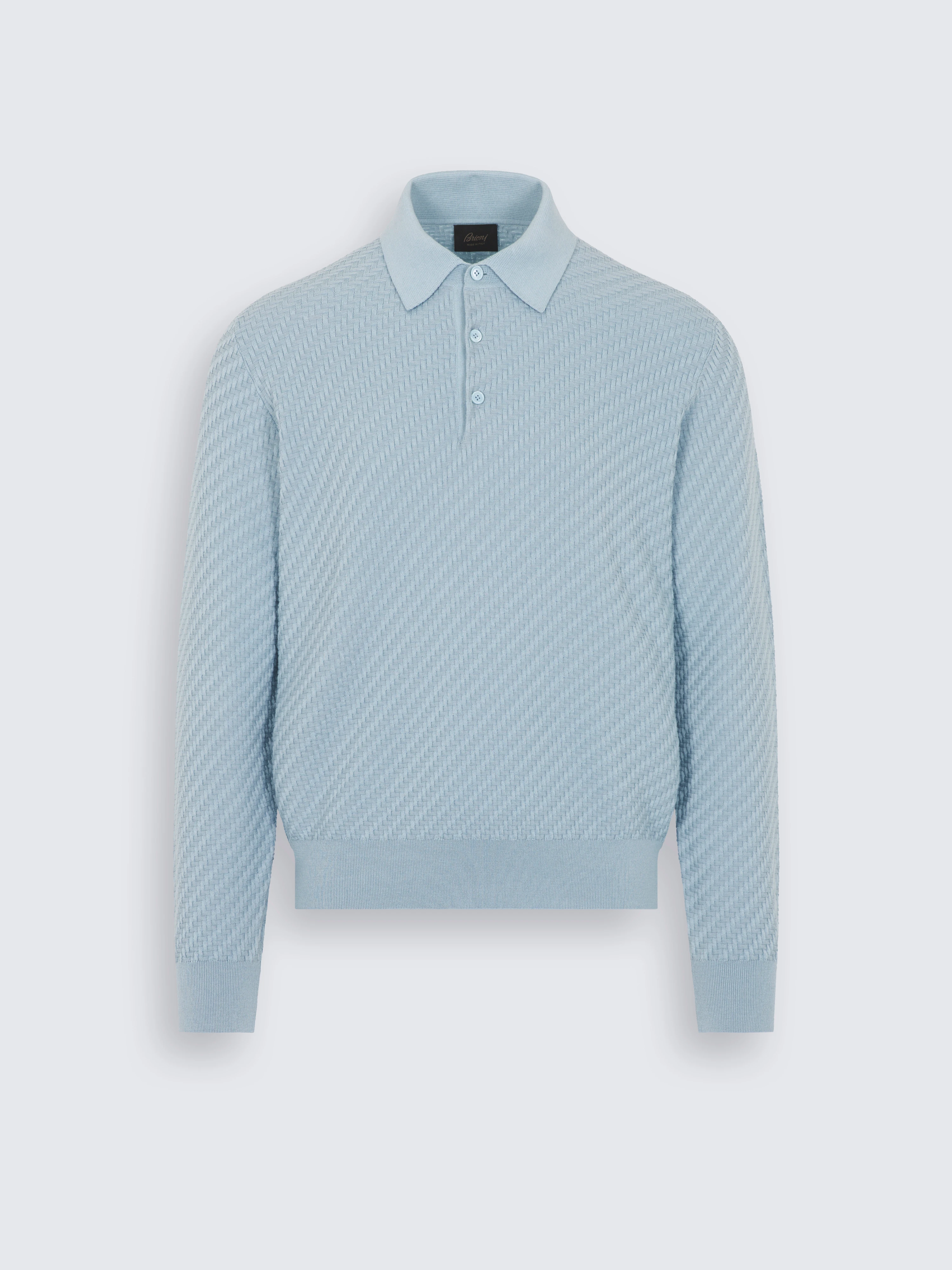 Langärmeliges Poloshirt aus Baumwoll-Seiden-Kaschmir-Mischung mit Trama-Webmuster in Himmelblau