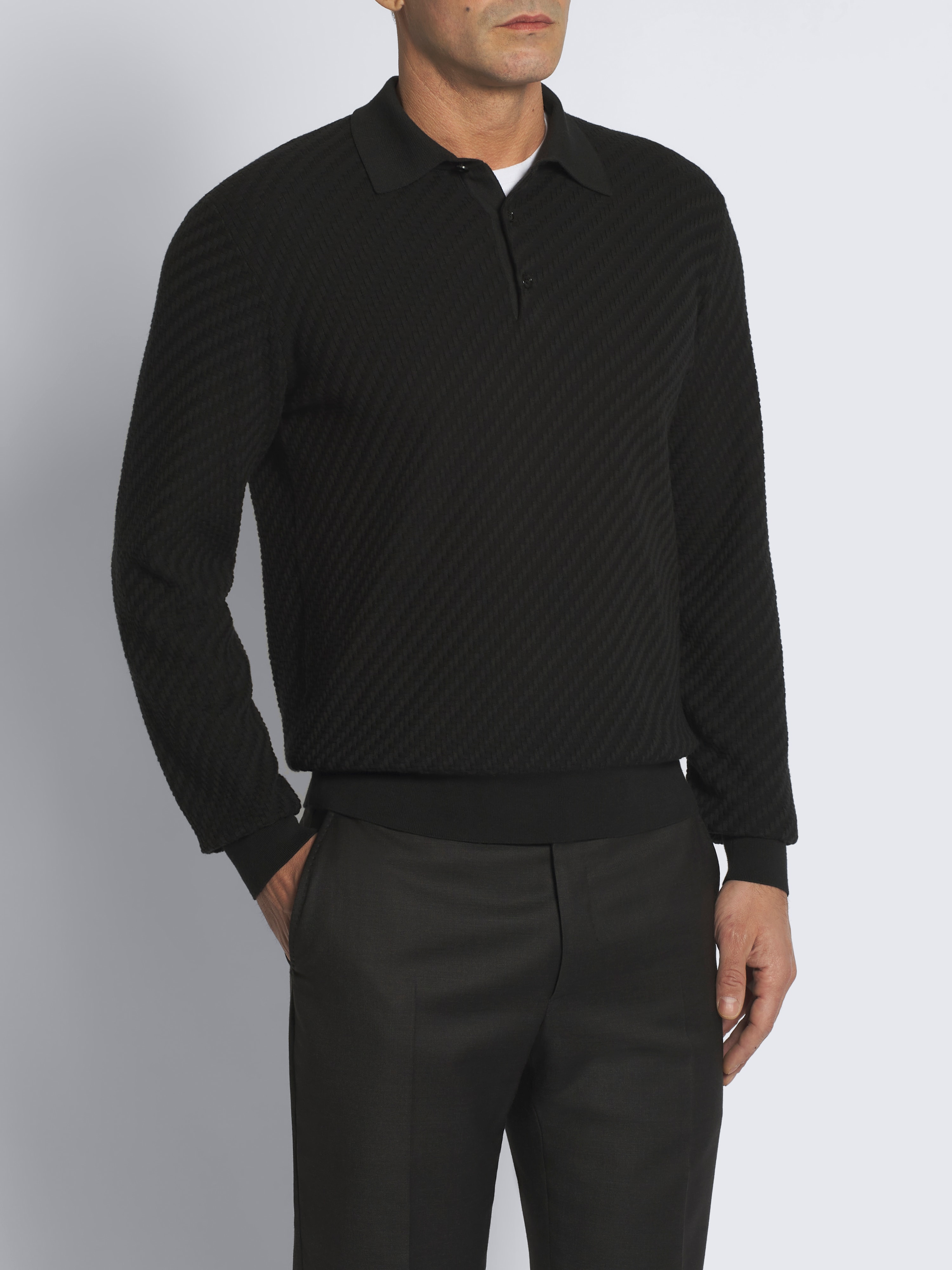 Black organic cotton, silk and cashmere Trama weave polo sweater