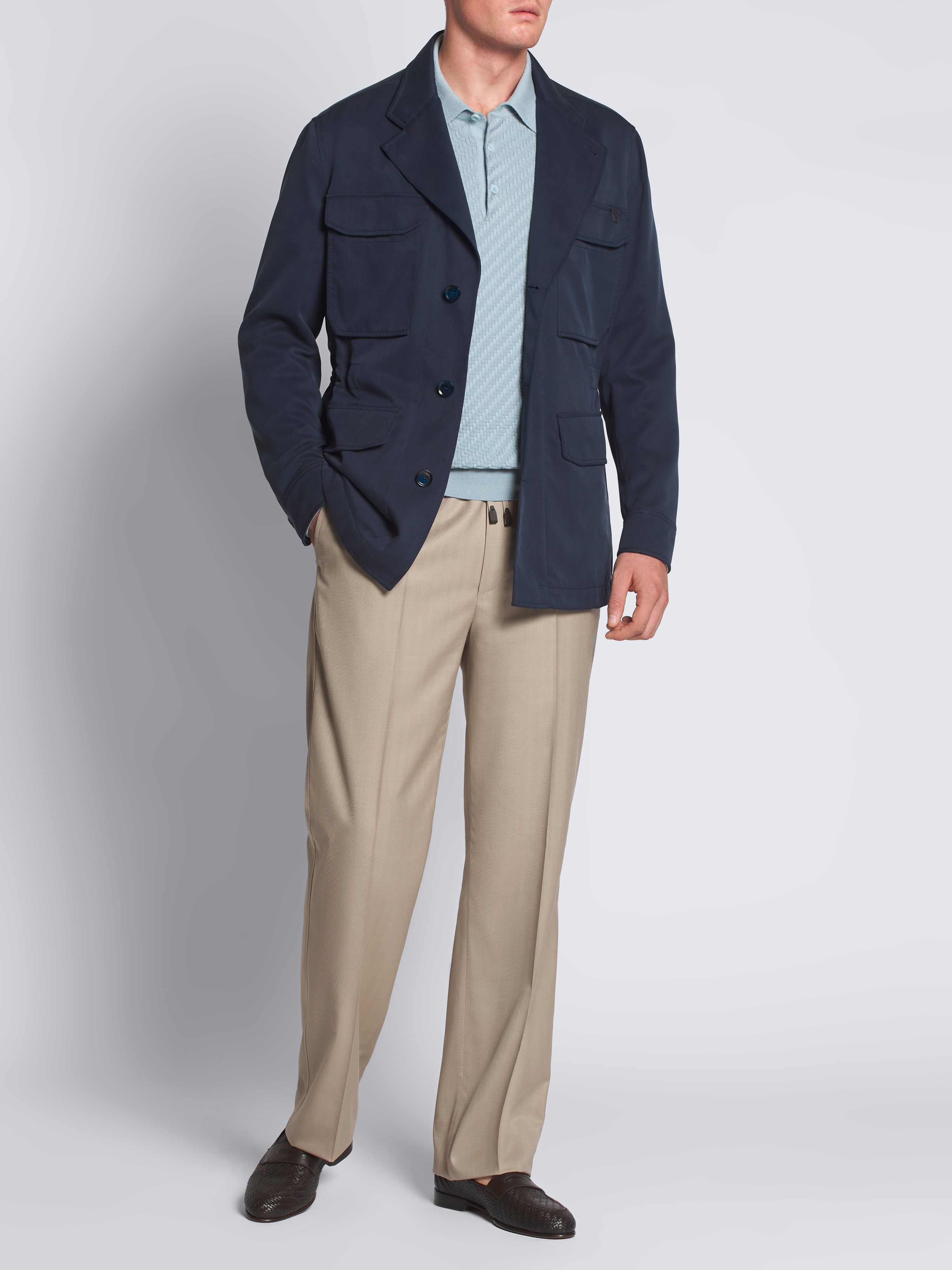 Langärmeliges Poloshirt aus Baumwoll-Seiden-Kaschmir-Mischung mit Trama-Webmuster in Himmelblau