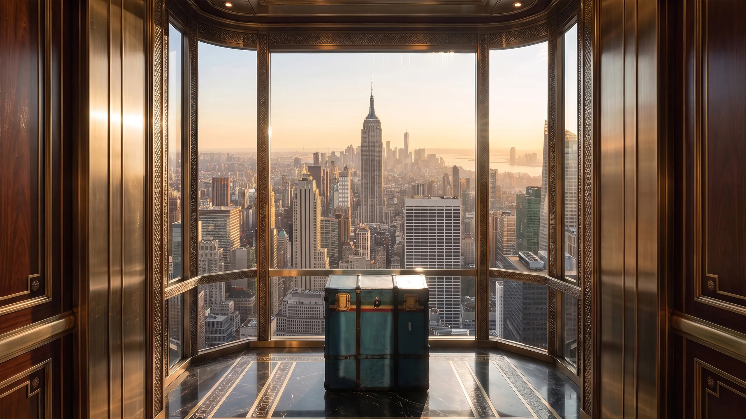 Ornate bay window with dark wood framing overlooking New York City skyline at sunset, featuring Empire State Building and a teal vintage trunk in foreground.
