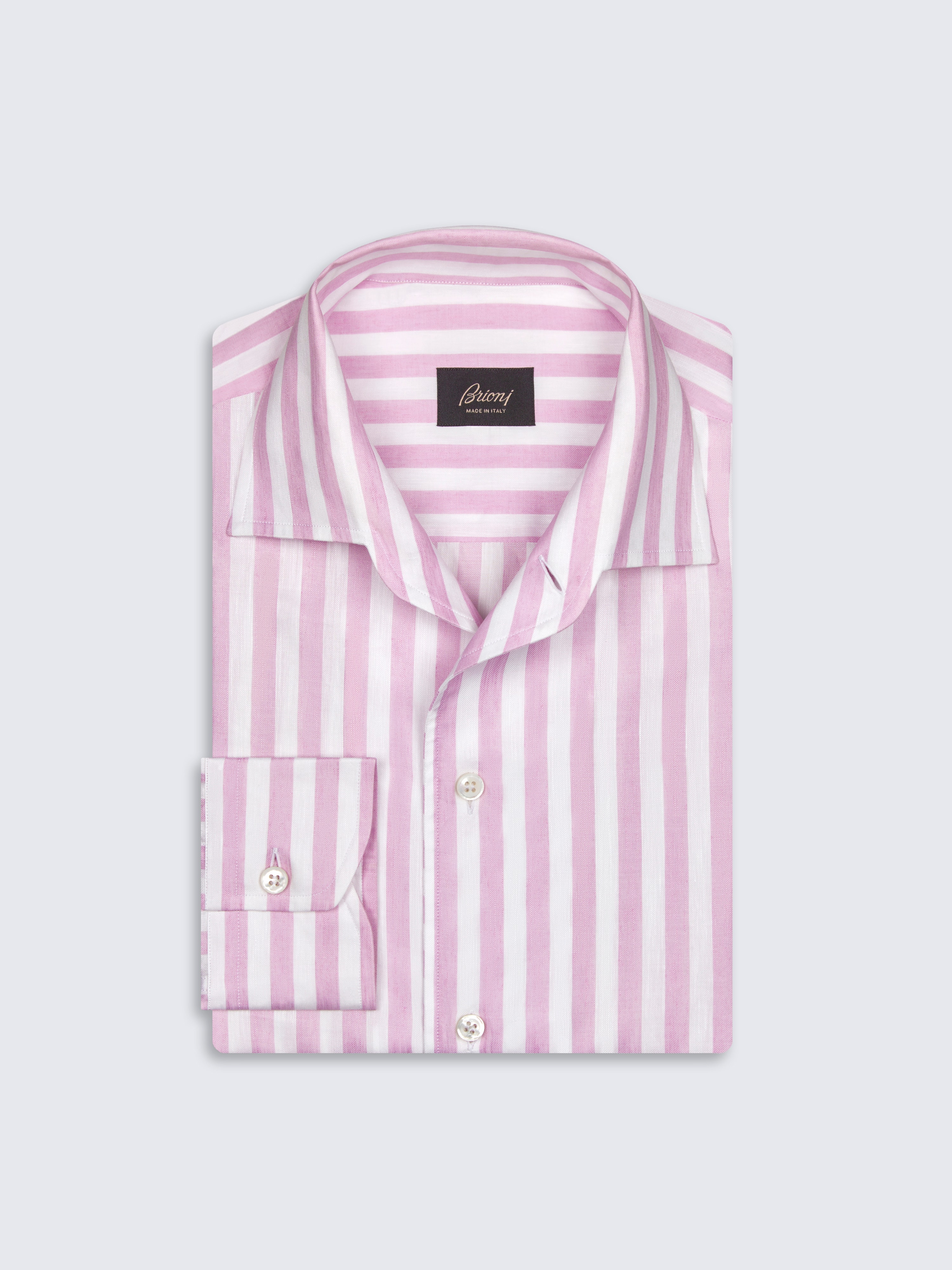 White and pink striped cotton and linen Capri collar shirt