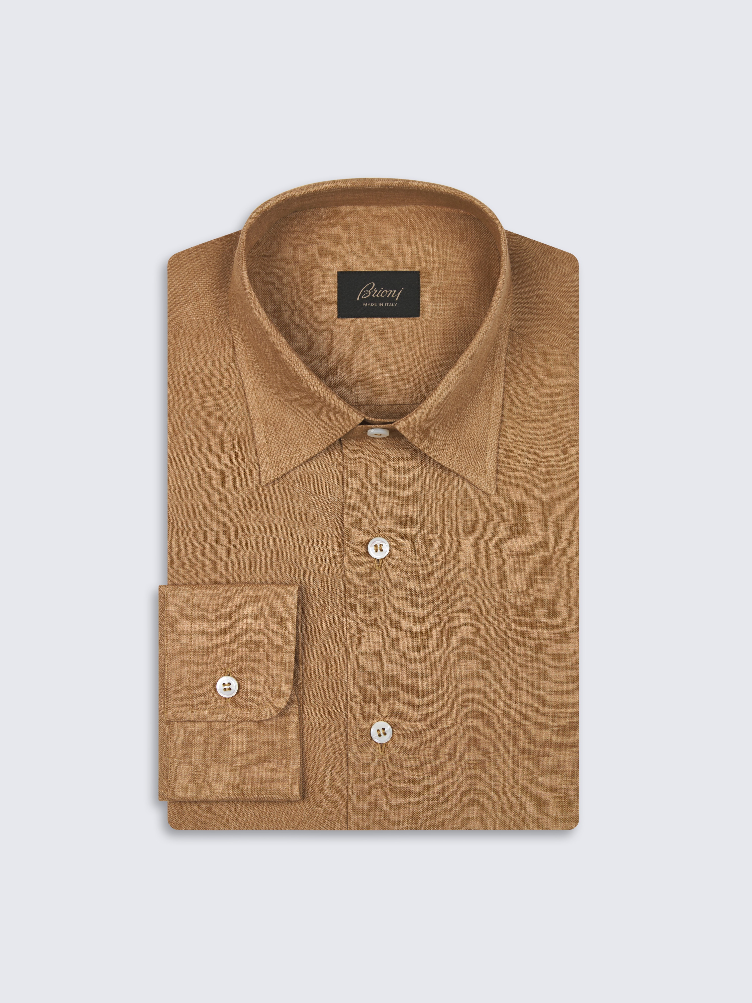 go toLight brown linen hidden button-down shirt