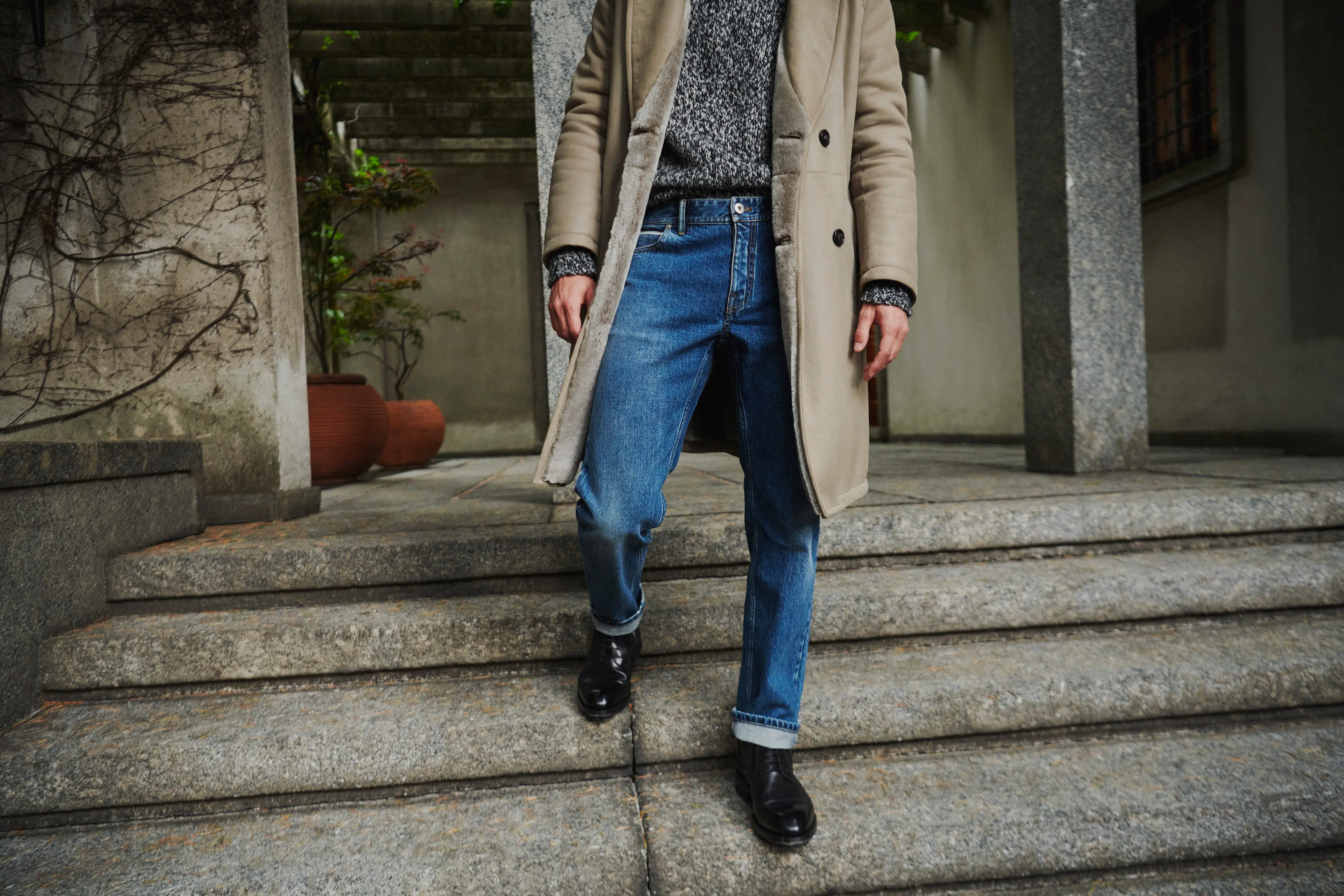 Model wearing Brioni selvedge denim jeans