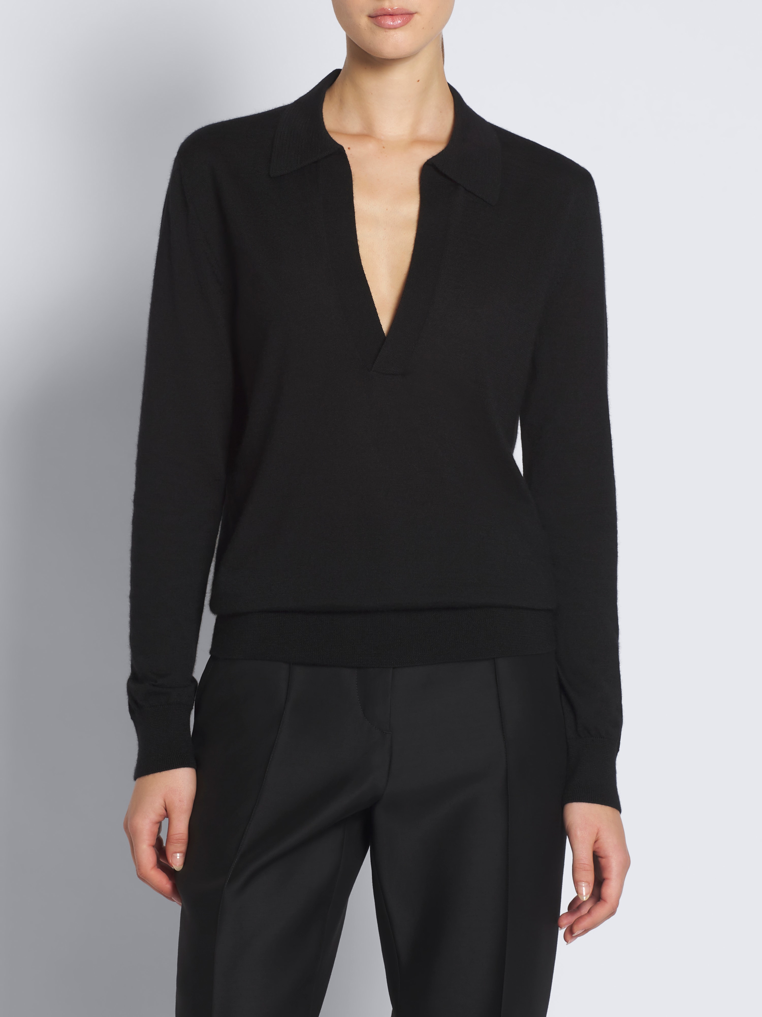 Black cashmere and silk long-sleeved V-neck polo