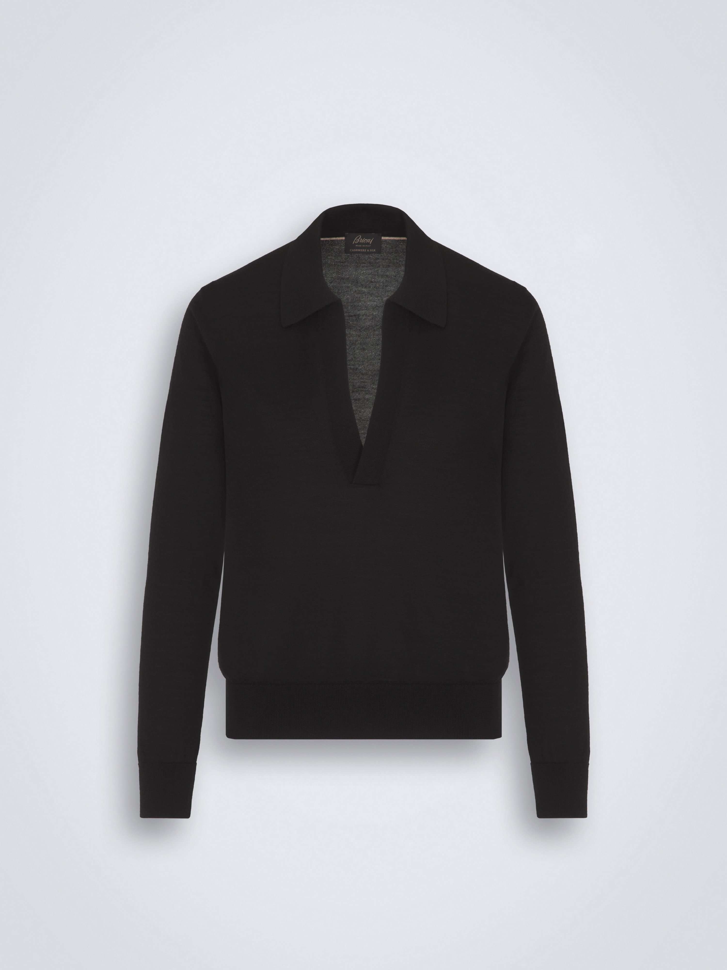 Black cashmere and silk long-sleeved V-neck polo