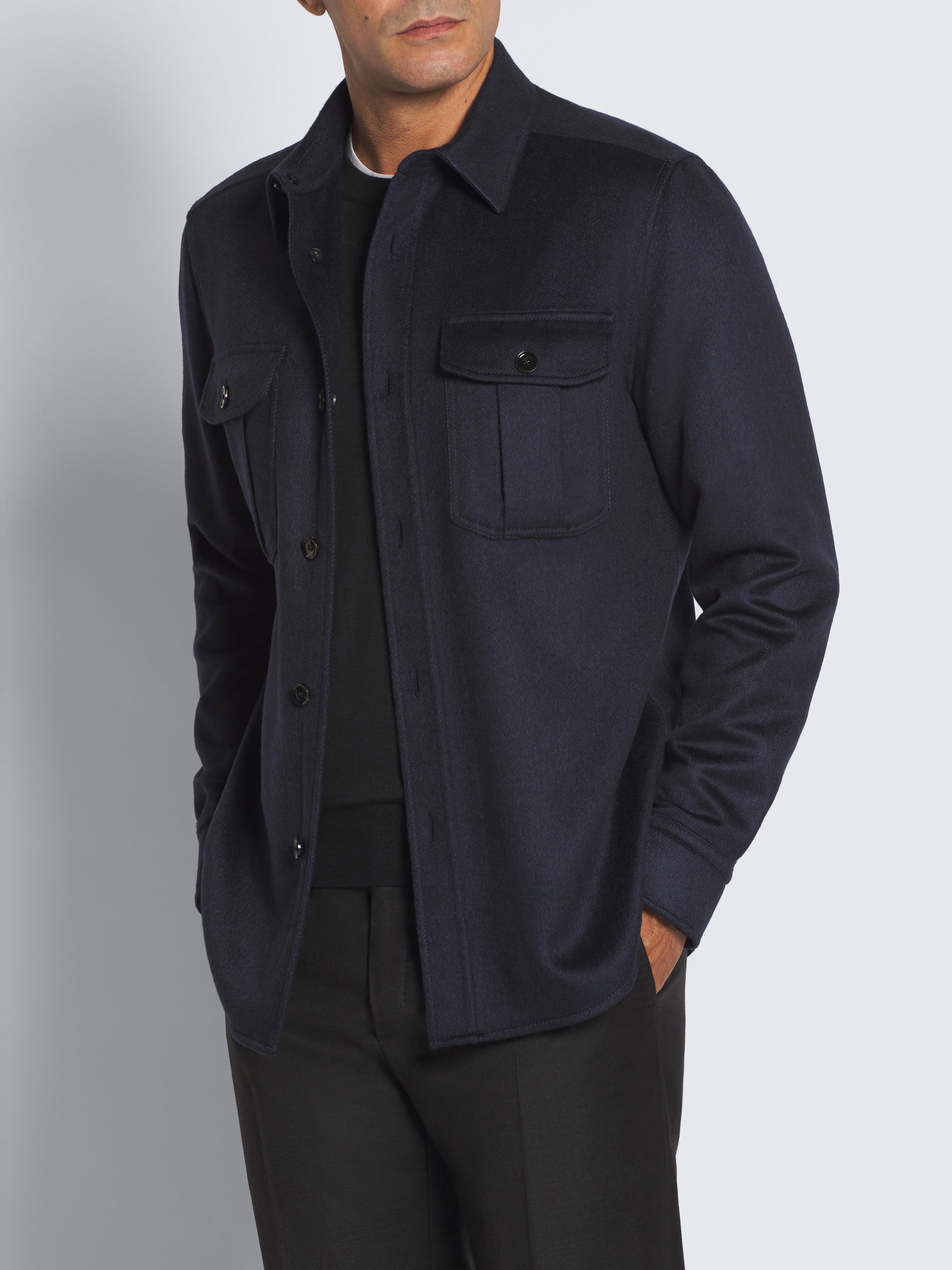 Navy blue cashmere, silk and vicuña Vagabond overshirt