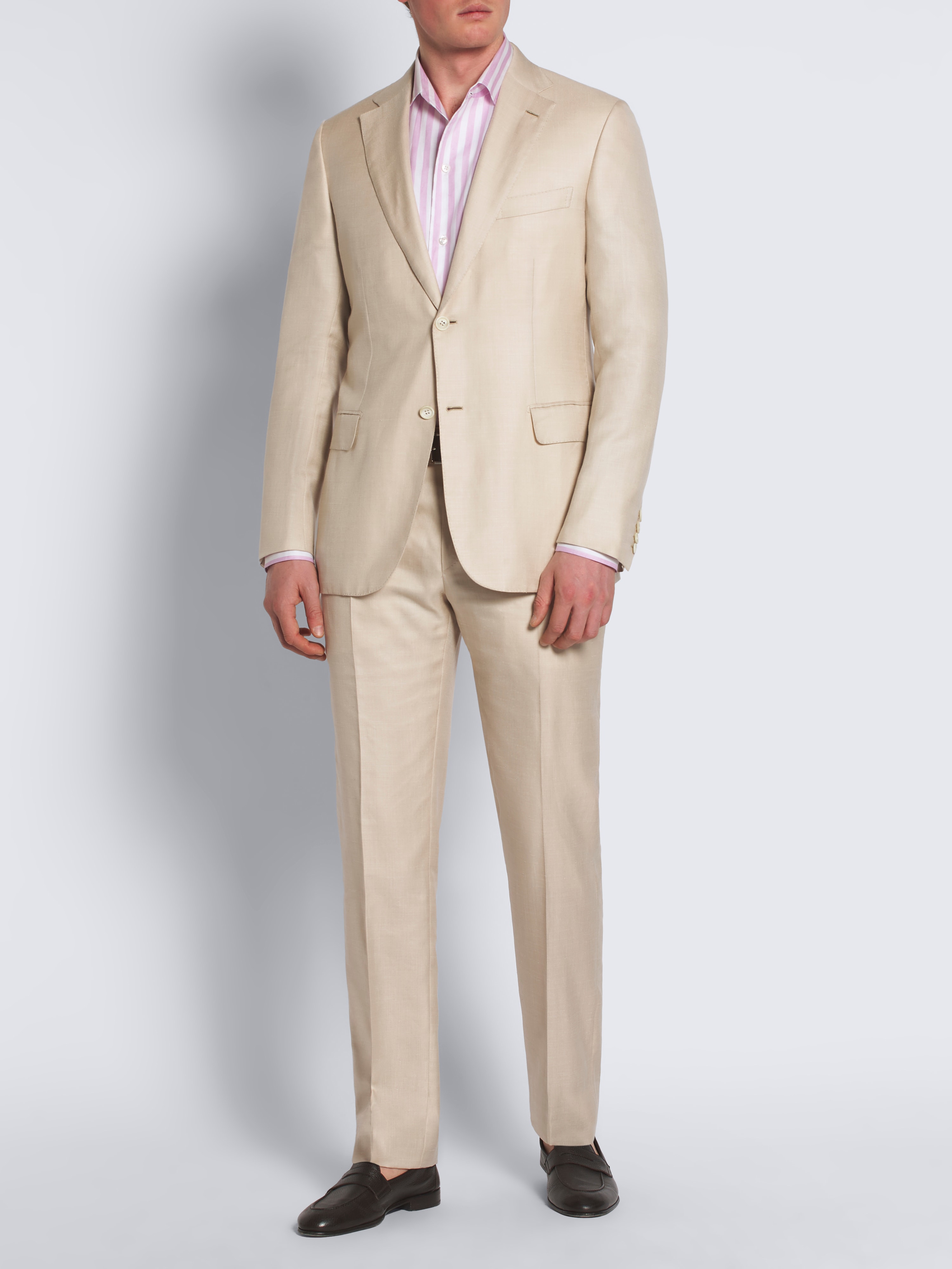 White and pink striped cotton and linen Capri collar shirt