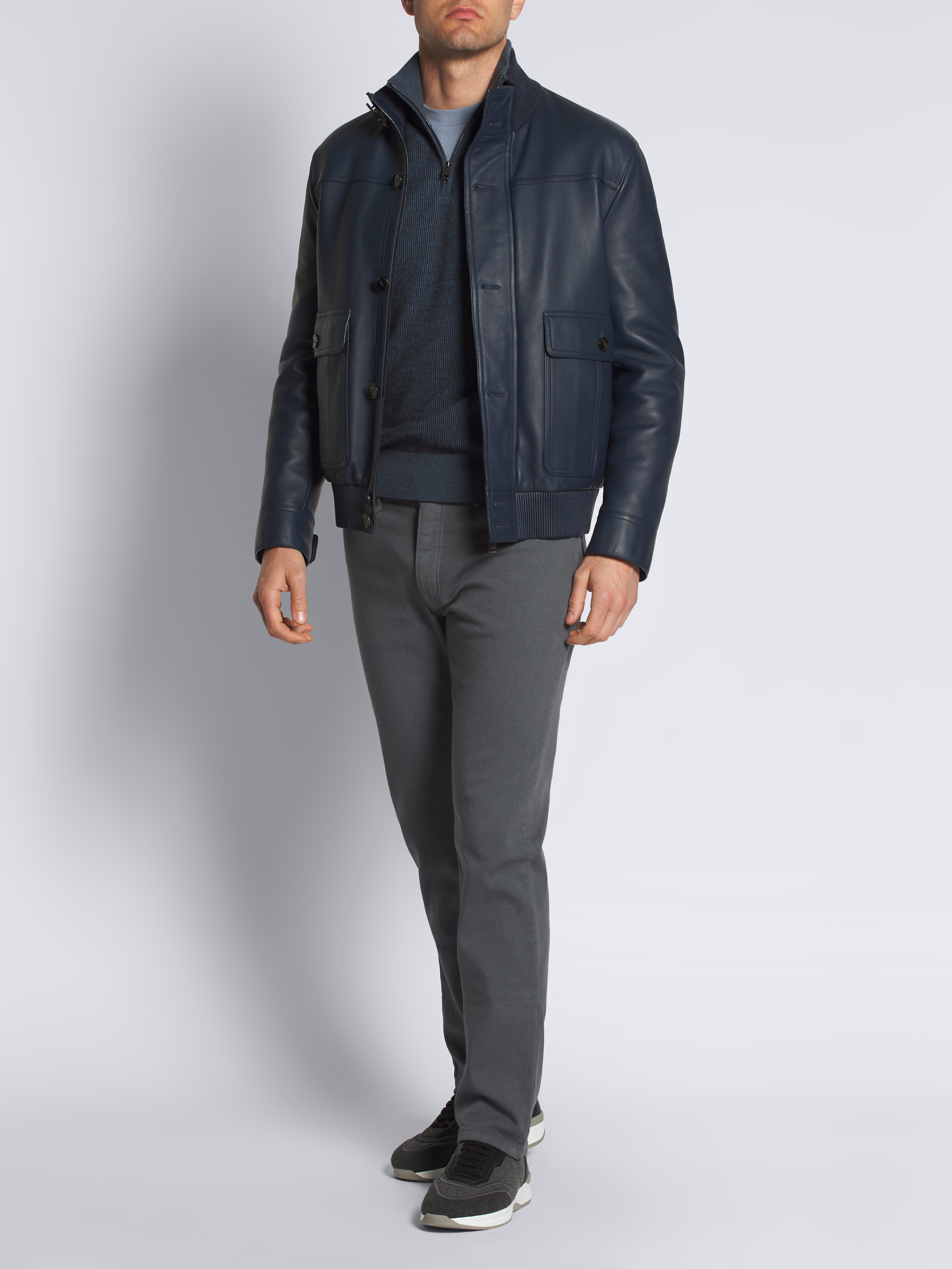 Steel blue cashmere and wool half-zip mockneck sweater