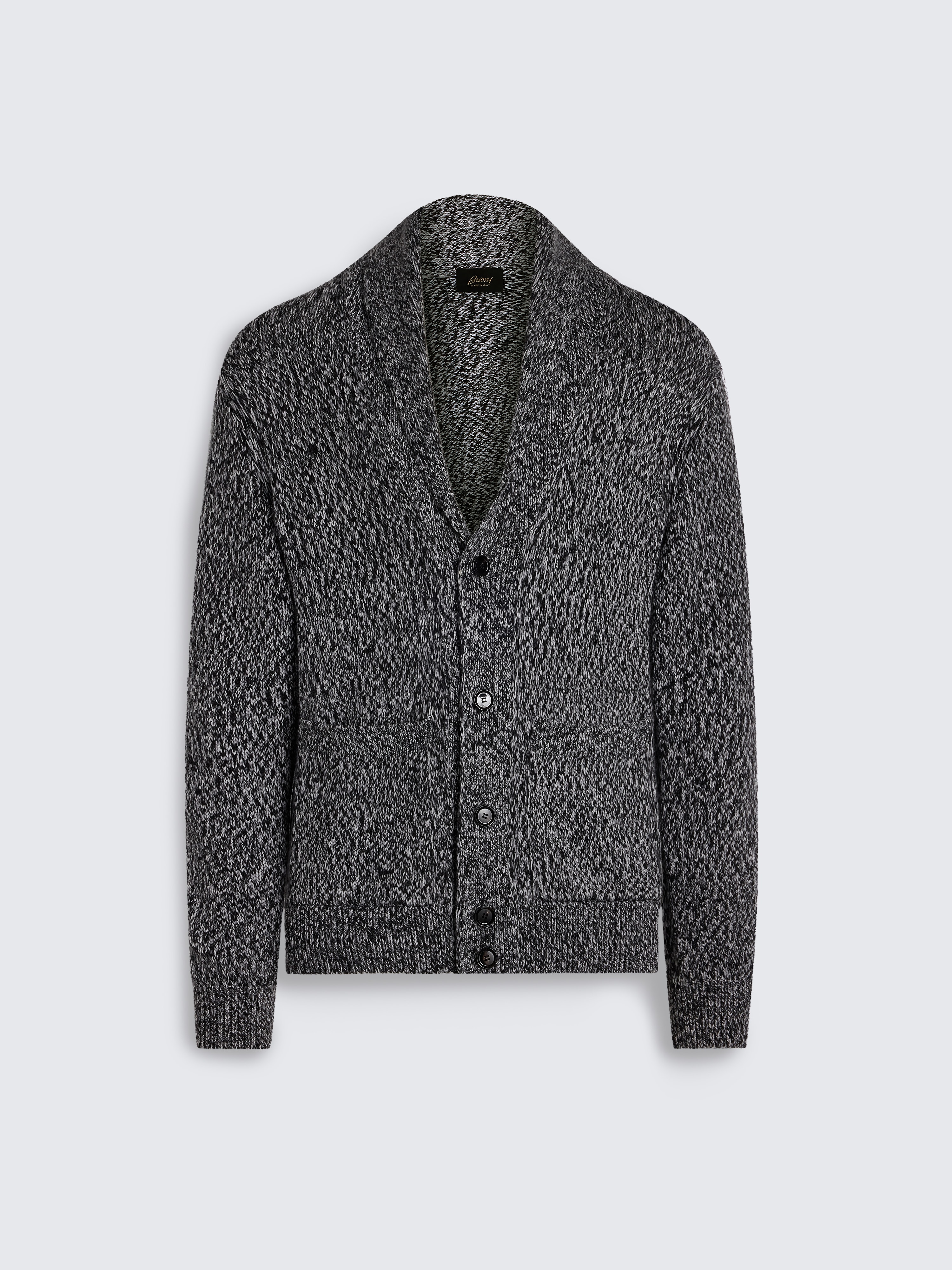 go toBlack and white Super 180's mouliné wool shawl collar cardigan