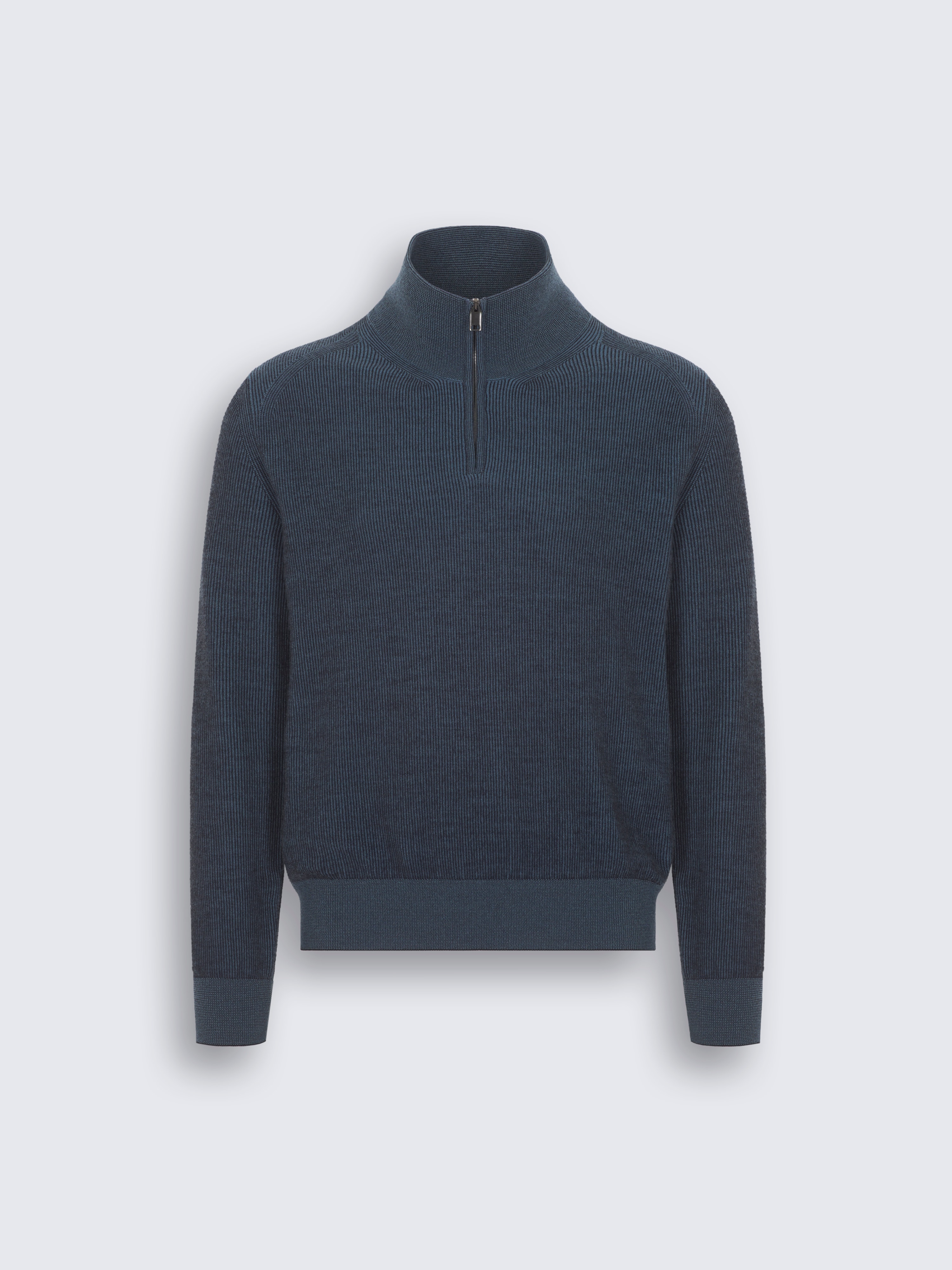 Steel blue cashmere and wool half-zip mockneck sweater